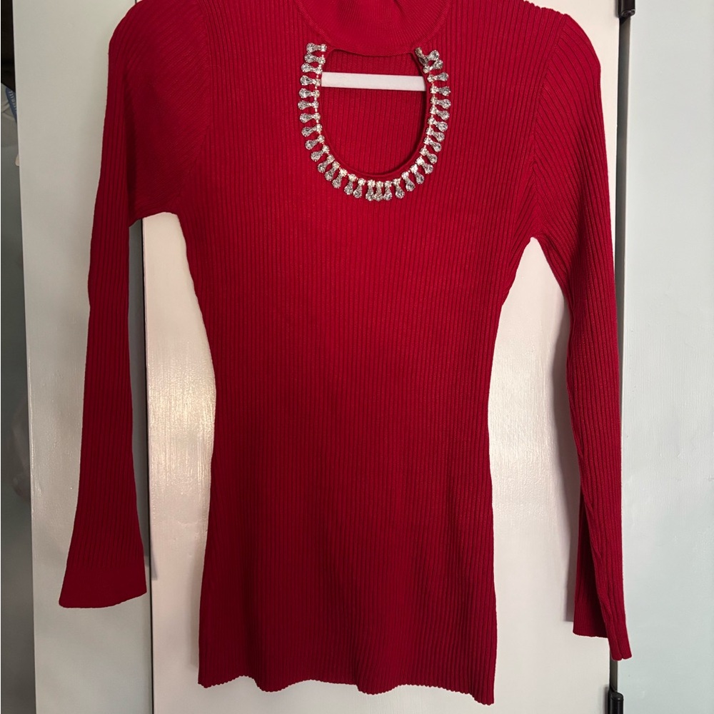 Chic Red Ribbed Women's Sweater with Embellished Neckline